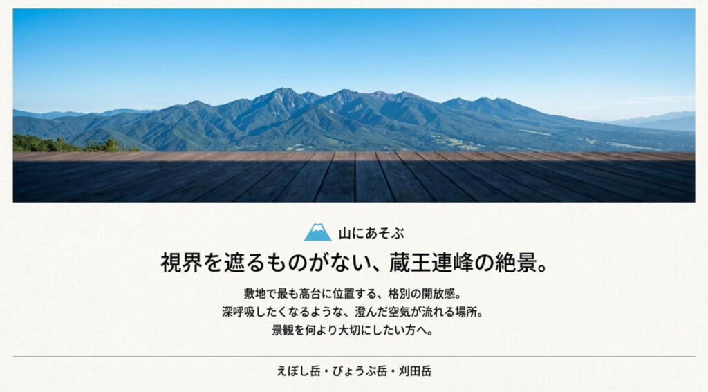 蔵王連峰の絶景を独り占めできる高台の開放感を説明するスライド