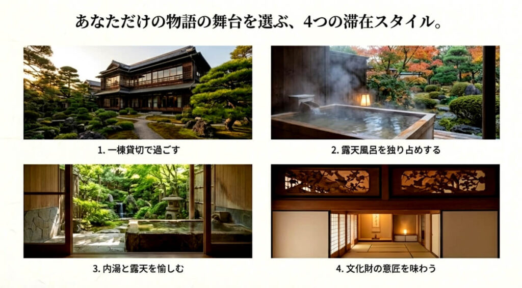 組子細工、ステンドグラス、透かし彫りといった、おちあいろうの建築美を象徴する職人技のクローズアップ写真と説明