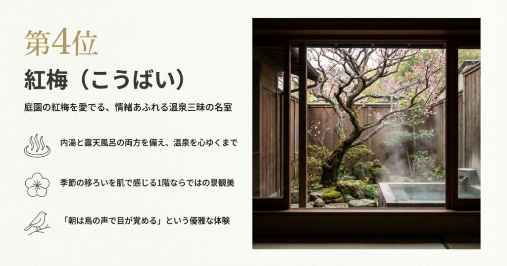 庭園の梅を愛で、内湯と露天の両方で温泉三昧を楽しめる客室「紅梅」の魅力を紹介するスライド
