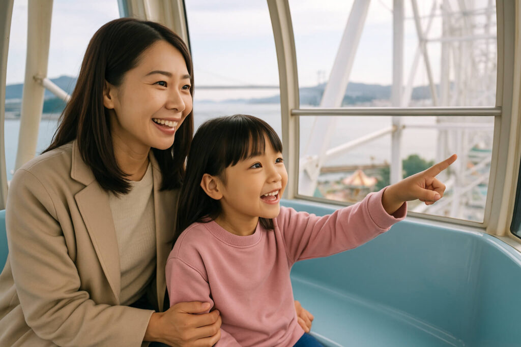 はい！からっと横丁で観覧車を楽しむ子供連れ