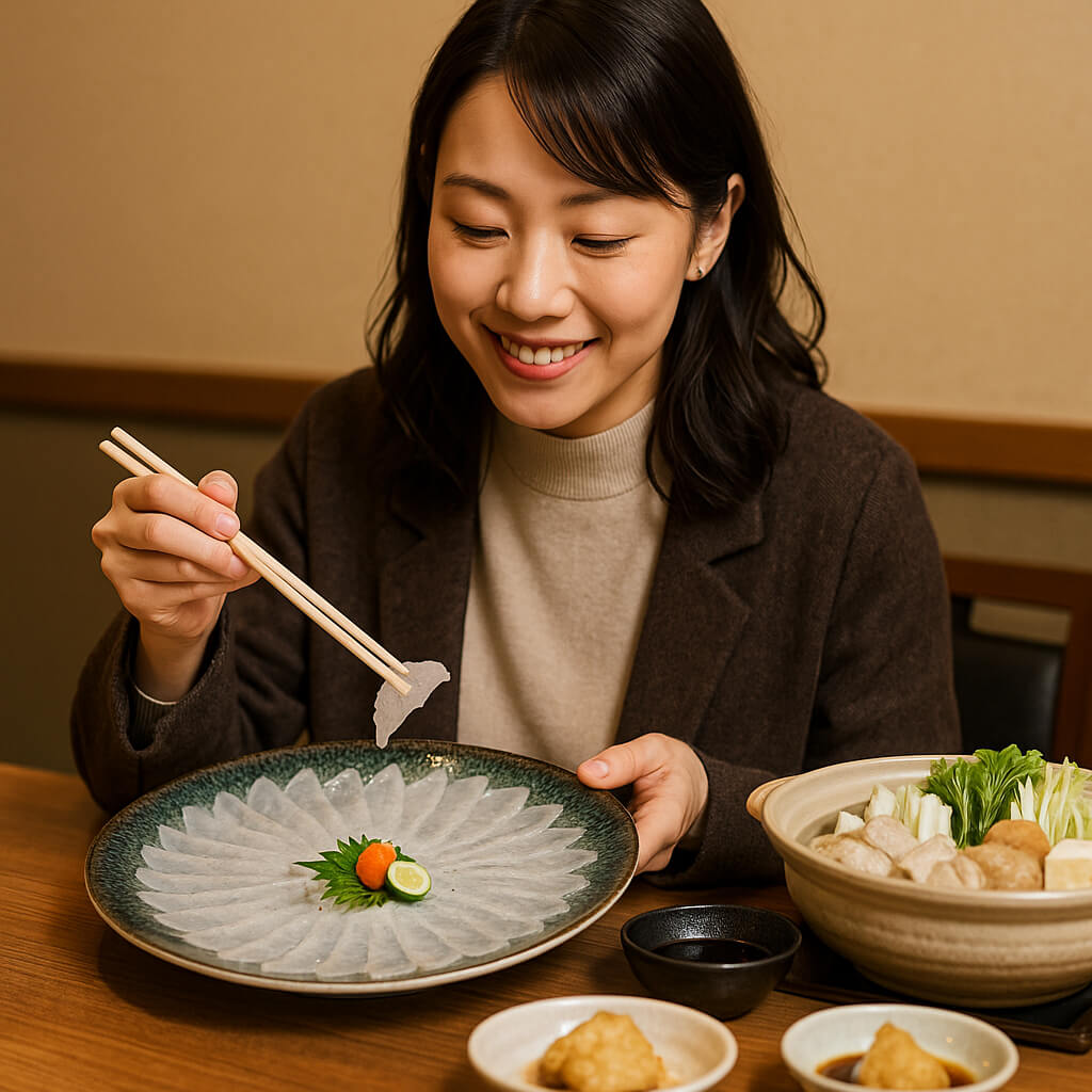 下関でふぐ料理を楽しむ女性