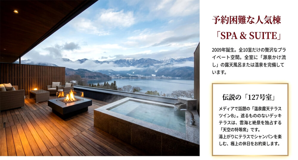伝説の127号室。源泉かけ流し露天風呂があるテラス