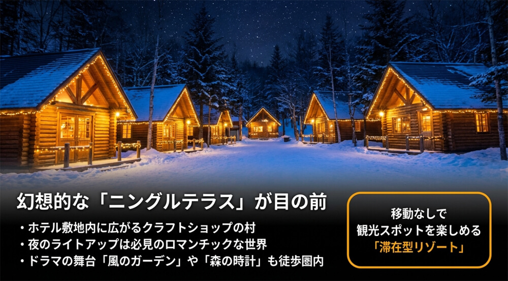 ホテル敷地内のニングルテラスや、徒歩圏内の「風のガーデン」「森の時計」を紹介するスライド