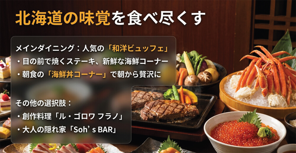 目の前で焼くステーキや新鮮な海鮮丼コーナーがある和洋ビュッフェ、創作料理「ル・ゴロワ フラノ」や「Soh’s BAR」などの食事の選択肢を紹介するスライド