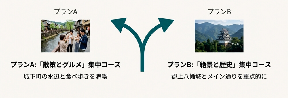 「プランA:散策とグルメ集中」と「プランB:絶景と歴史集中」の2コースを紹介