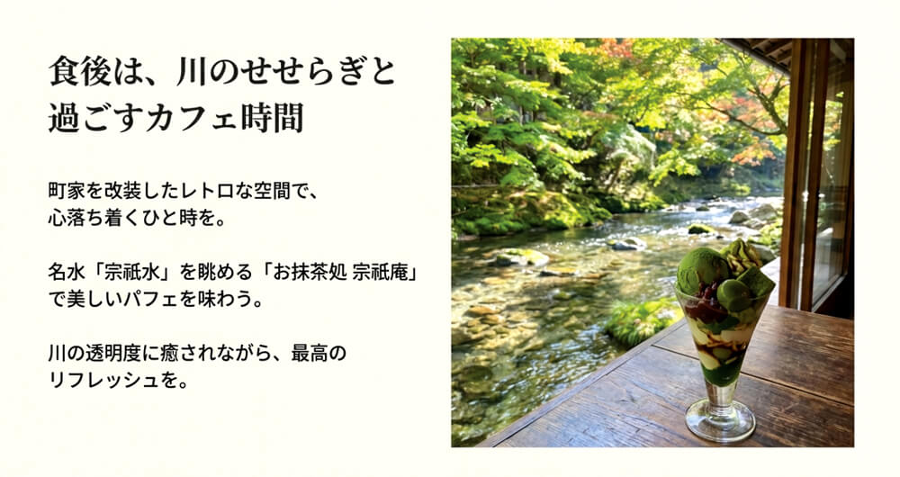 宗祇水のすぐ隣にある「お抹茶処 宗祇庵」の美しいパフェと、川沿いの景色を紹介