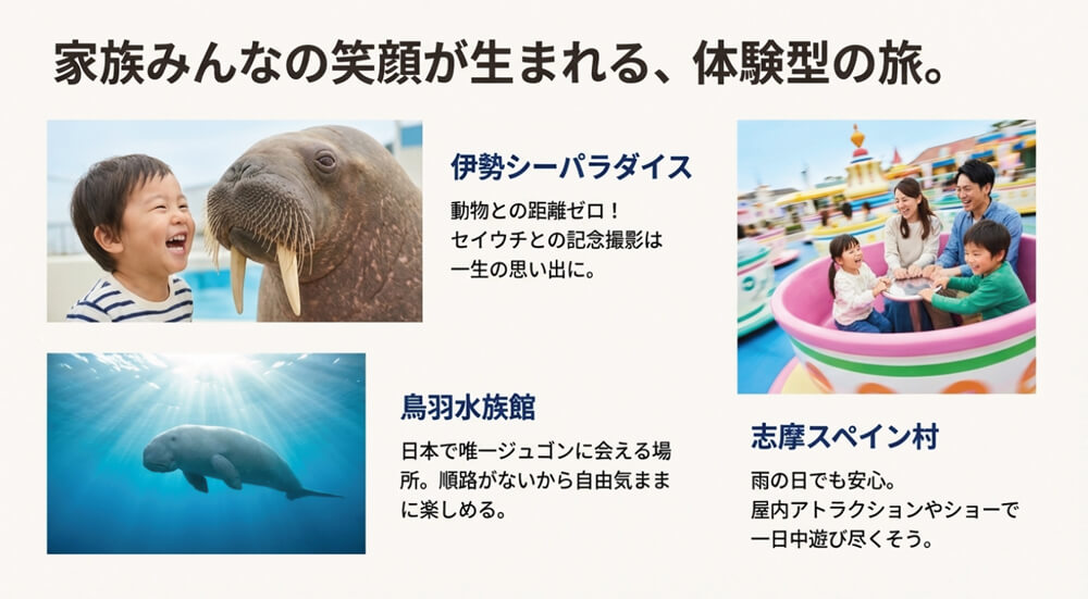 セイウチとの距離が近い伊勢シーパラダイス、日本唯一のジュゴンがいる鳥羽水族館、志摩スペイン村のアトラクションを楽しむ家族