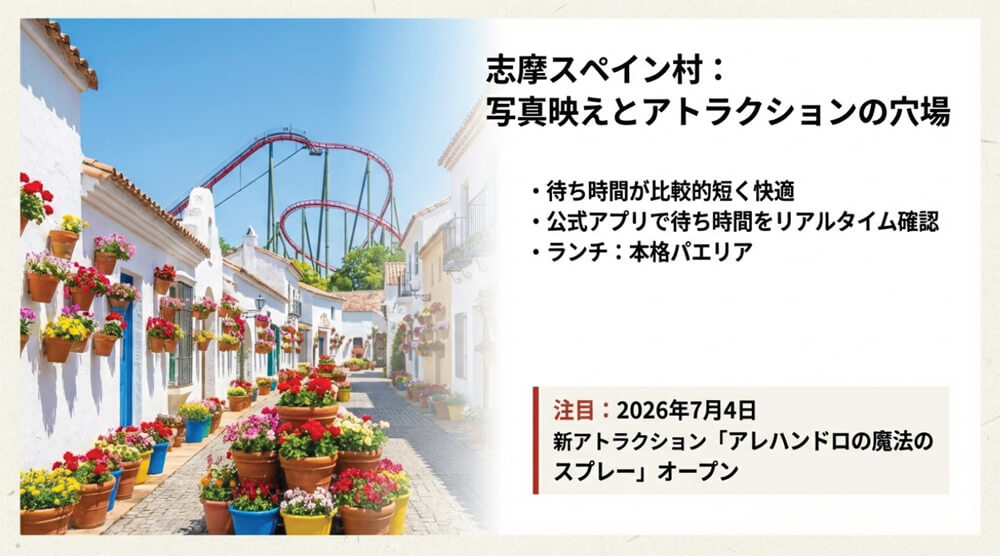 待ち時間の短い穴場情報のほか、2026年7月4日オープンの新アトラクション「アレハンドロの魔法のスプレー」を紹介