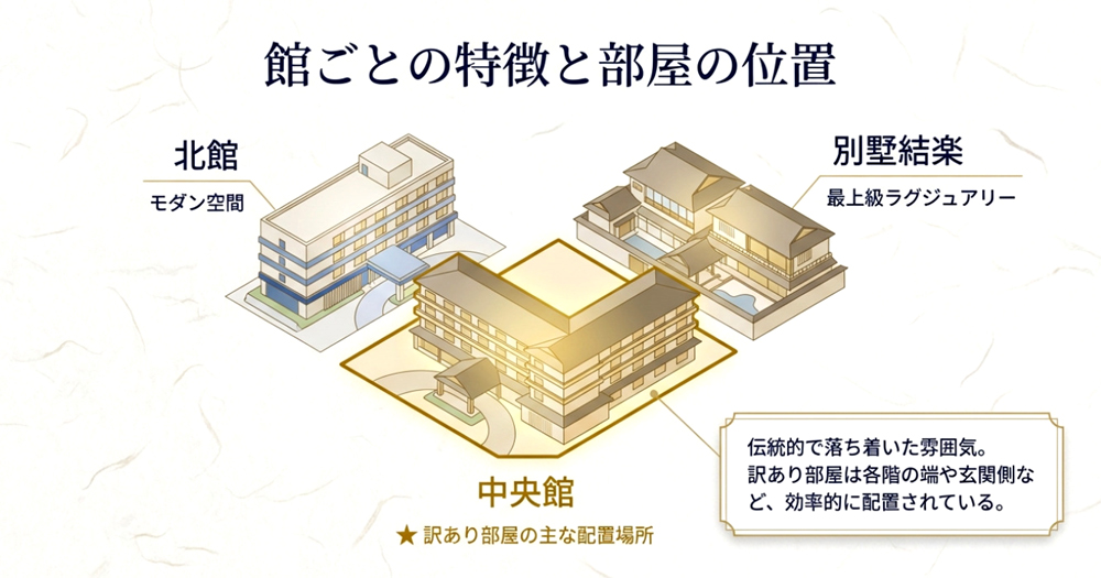 北館・中央館・別墅結楽の位置の説明画像